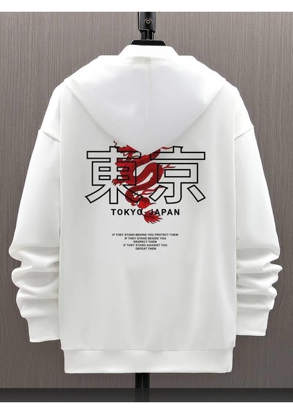 Tokyo Baskılı Kapşonlu Beyaz Sweatshirt