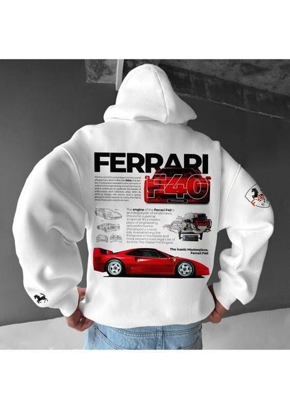 Ferrari Baskılı Beyaz Kapşonlu Sweatshirt