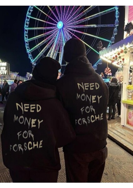 Need Money For Porsche Baskılı Siyah Kapşonlu Sweatshirt