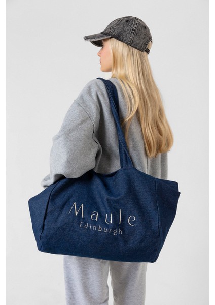 Nakış Detaylı Ortaboy %100 Pamuk Indigo Kadın Omuz Çantası Tote Bag