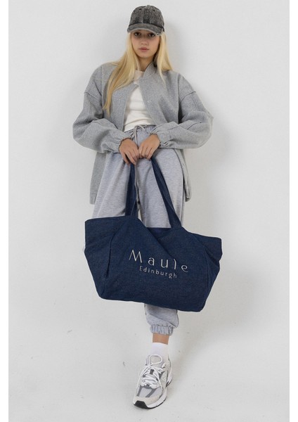 Nakış Detaylı Ortaboy %100 Pamuk Indigo Kadın Omuz Çantası Tote Bag fiyatları