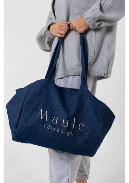 Nakış Detaylı Ortaboy %100 Pamuk Indigo Kadın Omuz Çantası Tote Bag fırsatları