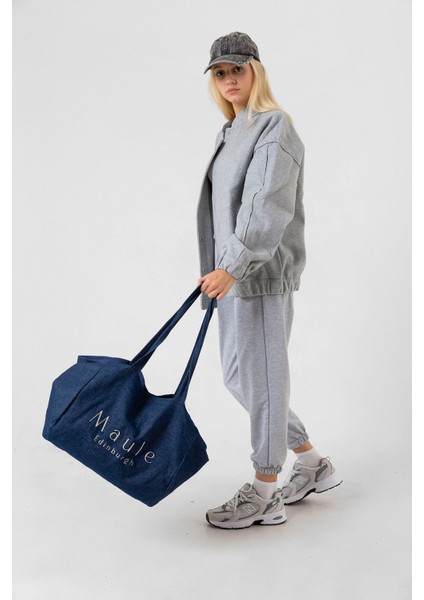 Nakış Detaylı Ortaboy %100 Pamuk Indigo Kadın Omuz Çantası Tote Bag indirimleri