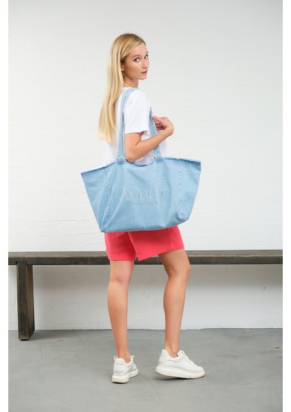 Nakış Detaylı Ortaboy %100 Pamuk Indigo Kadın Omuz Çantası Tote Bag