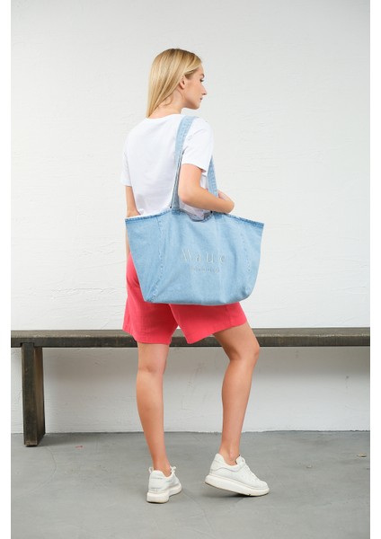 Nakış Detaylı Ortaboy %100 Pamuk Indigo Kadın Omuz Çantası Tote Bag fırsatları