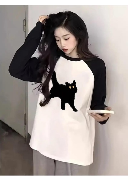 Black Cat Reglan Uzun Kollu Baskılı Beyaz T-Shirt modelleri