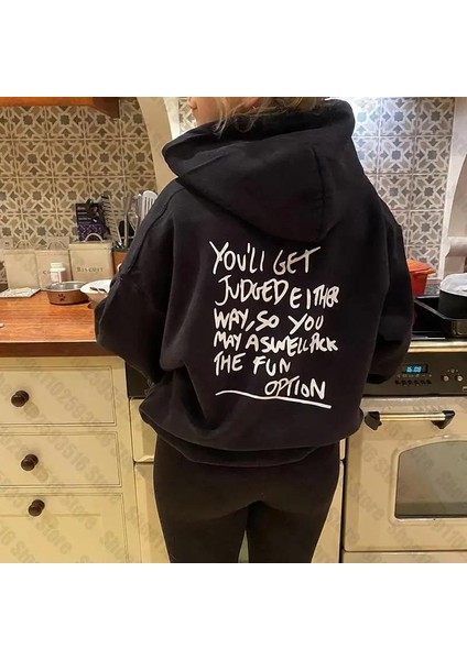 Slogan Baskılı Siyah Kapşonlu Sweatshirt