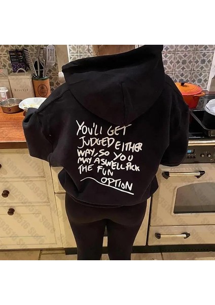 Slogan Baskılı Siyah Kapşonlu Sweatshirt