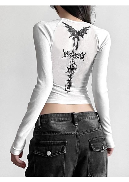 Uzun Kol Sırt Baskılı Gothic Bluz Body