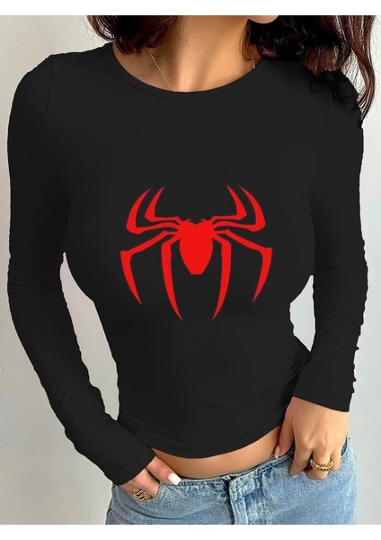 Uzun Kol Spider Baskılı Siyah Bluz Body