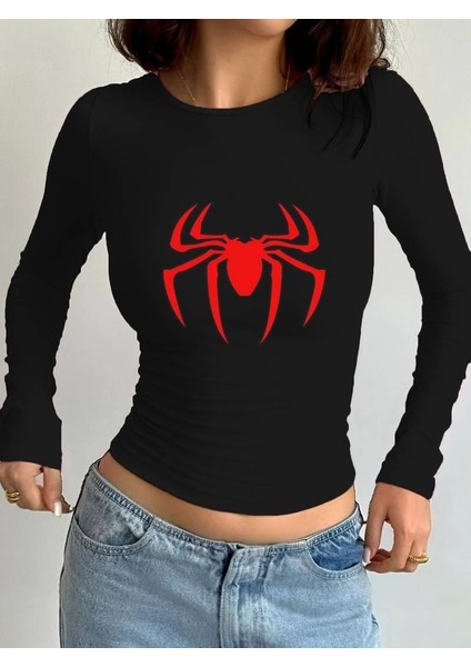 Uzun Kol Spider Baskılı Siyah Bluz Body