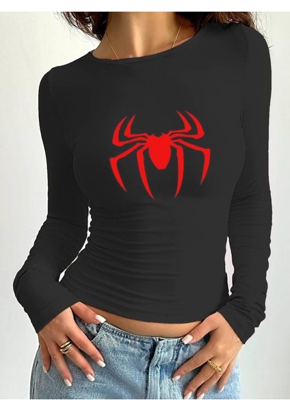 Uzun Kol Spider Baskılı Siyah Bluz Body