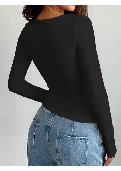 Uzun Kol Spider Baskılı Siyah Bluz Body