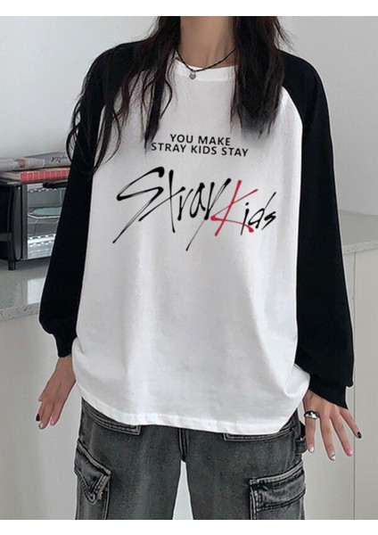Stray Kids Reglan Uzun Kollu Baskılı Beyaz T-Shirt