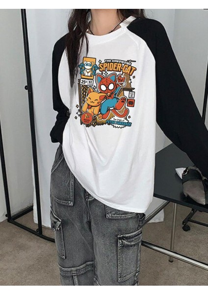 Spider Cat Reglan Uzun Kollu Baskılı Beyaz T-Shirt