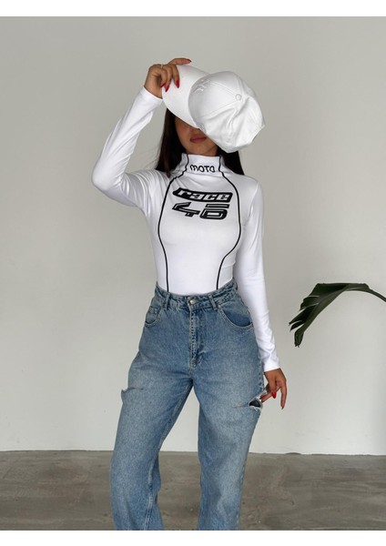 Y2K Moto Race Beyaz Uzun Kollu Bluz Crop