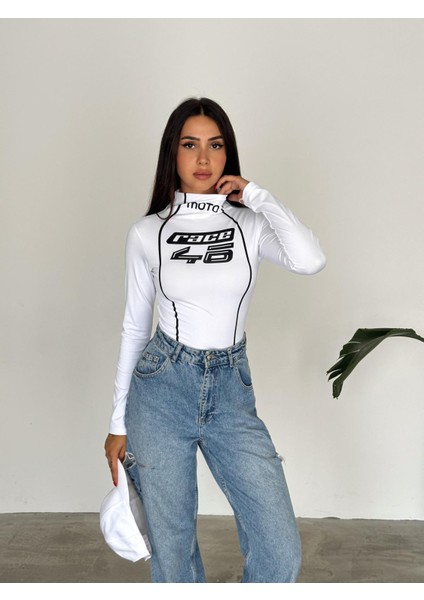 Y2K Moto Race Beyaz Uzun Kollu Bluz Crop