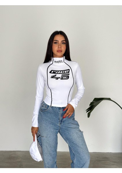 Y2K Moto Race Beyaz Uzun Kollu Bluz Crop