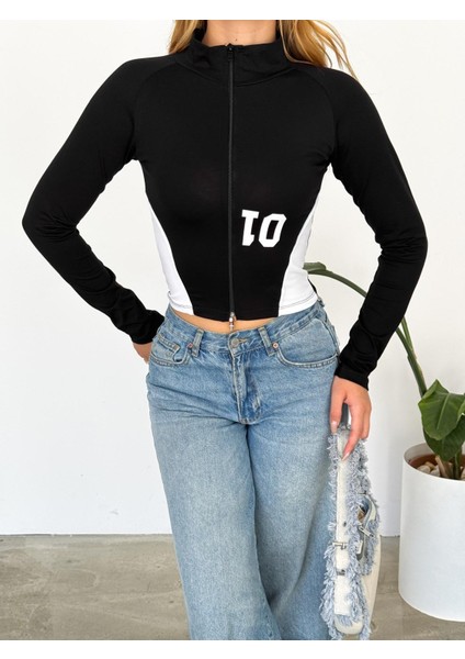 10 Number Yarışçı Siyah Uzun Kollu Bluz Crop