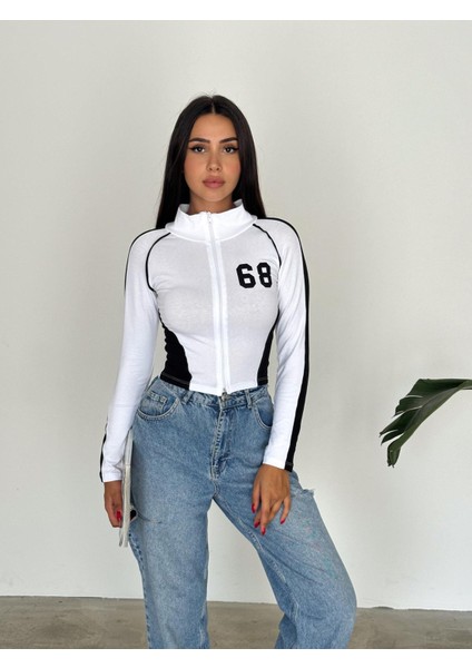 68 Number Yarışçı Beyaz Uzun Kollu Bluz Crop