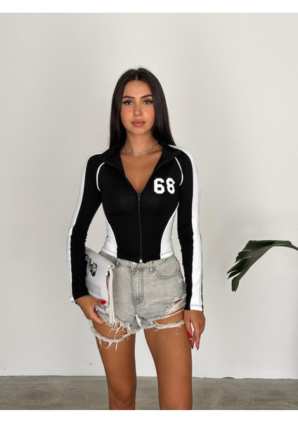 68 Number Yarışçı Siyah Uzun Kollu Bluz Crop