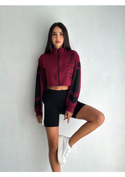 Baskılı Fermuarlı Uzun Kollu Bluz Crop