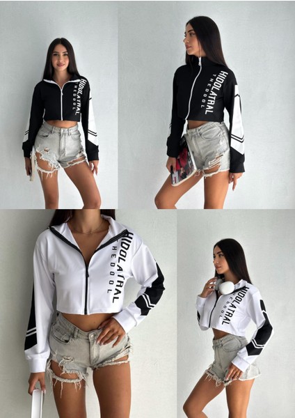 Baskılı Fermuarlı Uzun Kollu Bluz Crop fiyatları