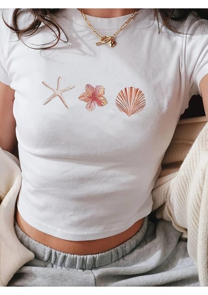 Kemer Boy Denizyıldızı Ve Kabuk Ve Çiçek Desenli Crop Bluz