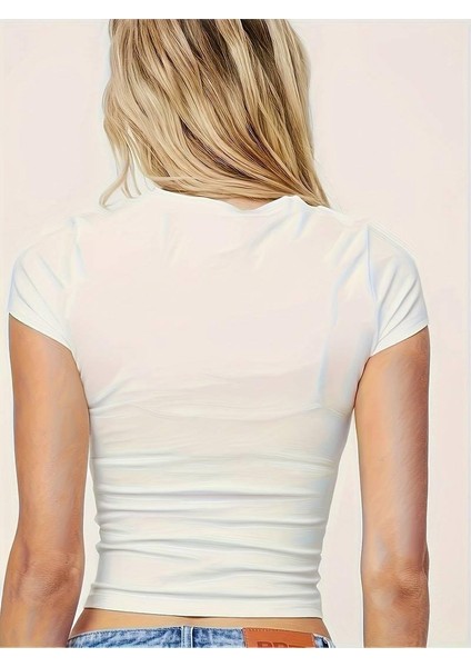 Kemer Boy White Formidable Detail Baskılı Crop Bluz