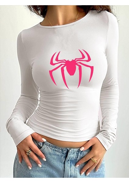 Uzun Kol Spider Baskılı Beyaz Bluz Body