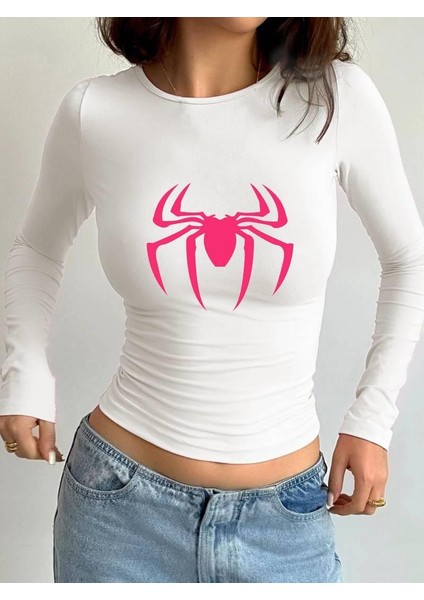 Uzun Kol Spider Baskılı Beyaz Bluz Body fırsatları