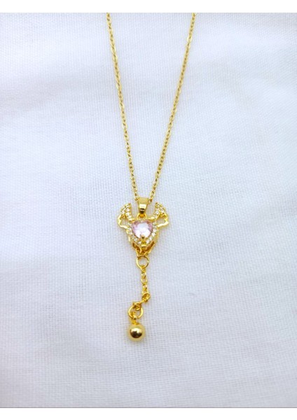 Çelik Zirkon Taşlı Kanatları Hareket Edebilen Sevgi Meleği Gold Kolye - Kalpli