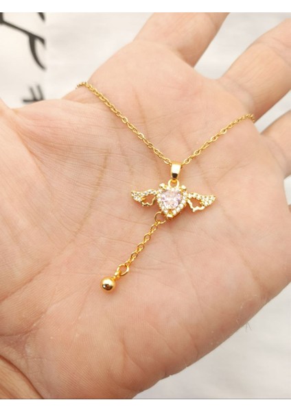 Çelik Zirkon Taşlı Kanatları Hareket Edebilen Sevgi Meleği Gold Kolye - Kalpli fiyatları