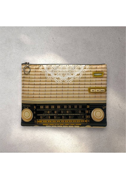 Retro Radyo Dantel Detaylı Görünümlü Vintage Clutch Portföy Çanta