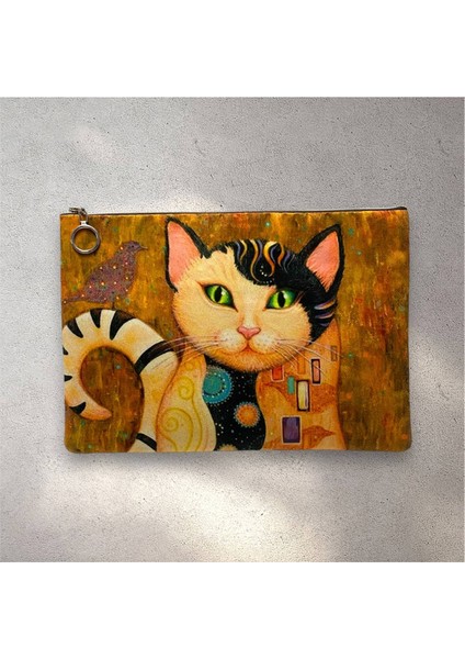 Gustave Klimt Kiss Öpücük Tablosu Kedi Uyarlaması Clutch Portföy Çanta