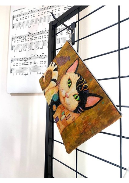 Gustave Klimt Kiss Öpücük Tablosu Kedi Uyarlaması Clutch Portföy Çanta modelleri