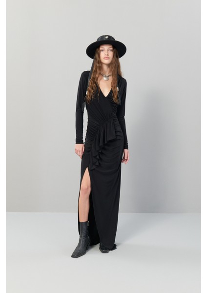 Drapeli Yırtmaçlı Maksi Boy Elbise Siyah K2521011_001 indirimleri