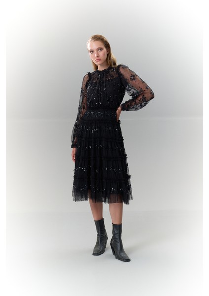 Payet Işlemeli Büzgülü Tül Elbise Standart Renk K2561103_089