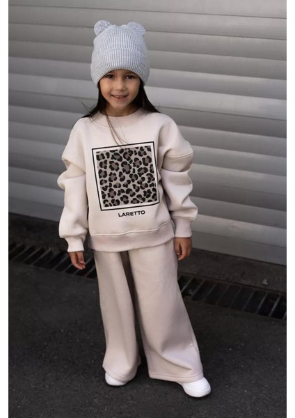 Lareto Leopar Detaylı Kız Çocuk Bol Pantolonlu takım - Bej