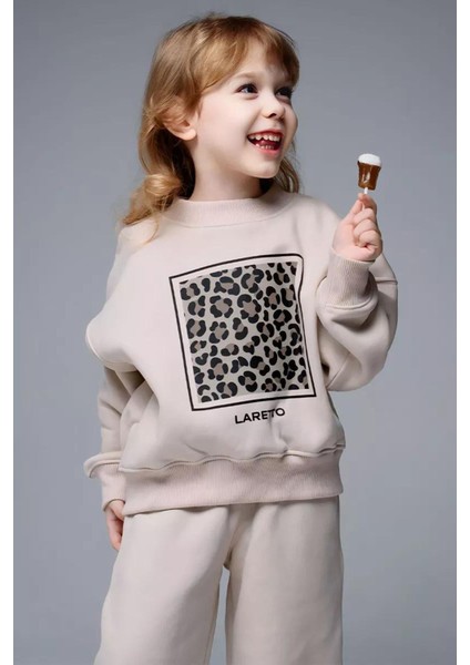 Lareto Leopar Detaylı Kız Çocuk Bol Pantolonlu takım - Bej modelleri