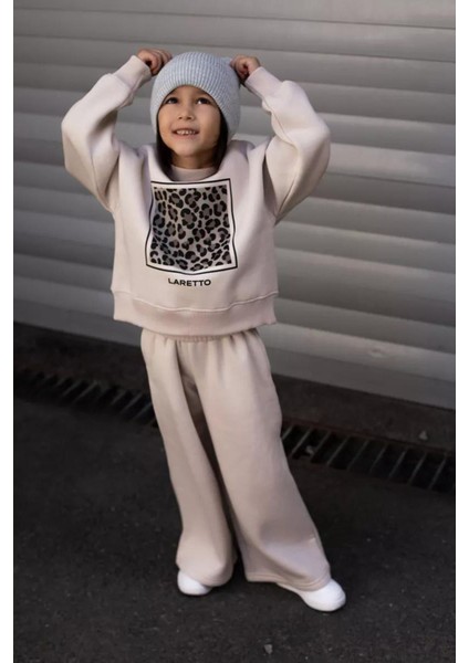 Lareto Leopar Detaylı Kız Çocuk Bol Pantolonlu takım - Bej fırsatları