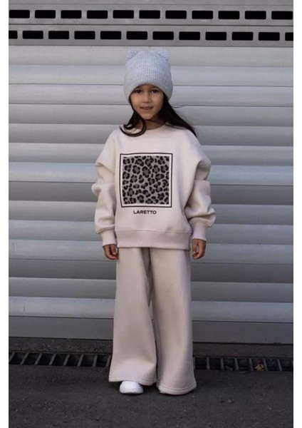 Lareto Leopar Detaylı Kız Çocuk Bol Pantolonlu takım - Bej indirimleri