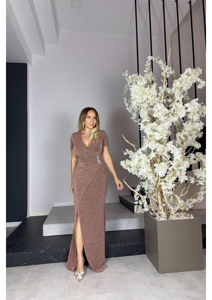 G1125 Taş Detaylı Maksi Abiye Elbise Bronz