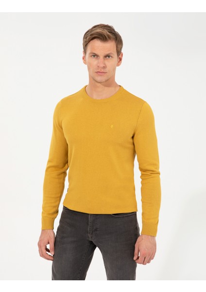 Erkek Hardal Slim Fit Bisiklet Yaka Basic Triko Kazak 50257290-VR072