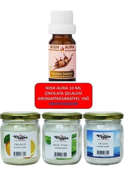 Mystica Serisi- Nish Aura Esansiyel Yağ Hediyeli- 1 Adet 210CC Portakal + 1 Adet 210CC Aloe Vera + 1 Adet 210CC Ocean Kokulu Cam Kavanozda Koku Saklayan 3’lü Mum Seti