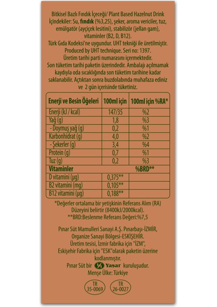 Nature Blend Bitkisel Bazlı Fındık Içeceği 1 L Vegan Laktozsuz