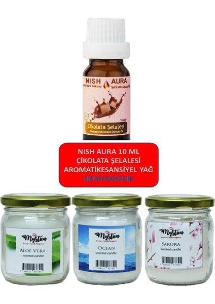 Mystica Serisi- Nish Aura Esansiyel Yağ Hediyeli- 1 Adet 210CC Sakura Japon Çiçeği + 1 Adet 210CC Aloe Vera + 1 Adet 210CC Ocean Kokulu Cam Kavanozda Koku Saklayan 3’lü Mum Seti