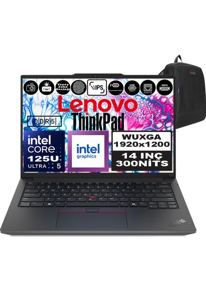 Thinkpad E14 Gen6 Intel Core Ultra 5 125U 80GB 1tb SSD Intel® Aı Boost 14" Wuxga IPS Freedos Taşınabilir Bilgisayar 21M7002PTXF27 + Zetta Çanta