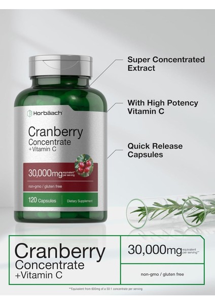 Horbäach Cranberry Concentrate Extract Pills + Vitamin C 30,000 Mg 120 Kapsül