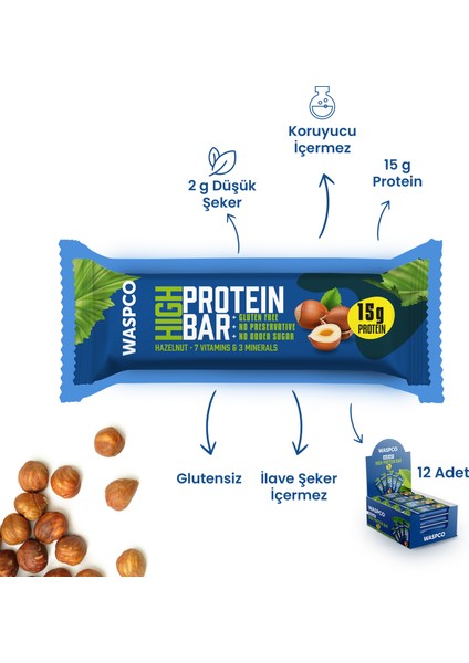 Waspco Yüksek Protein Bar - Fındıklı 50G x 12 Adet